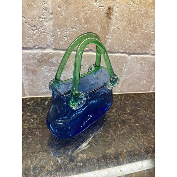 Murano Blown Glass Decorative Handbag Vase Blue Green EUC - Picture 2 of 7